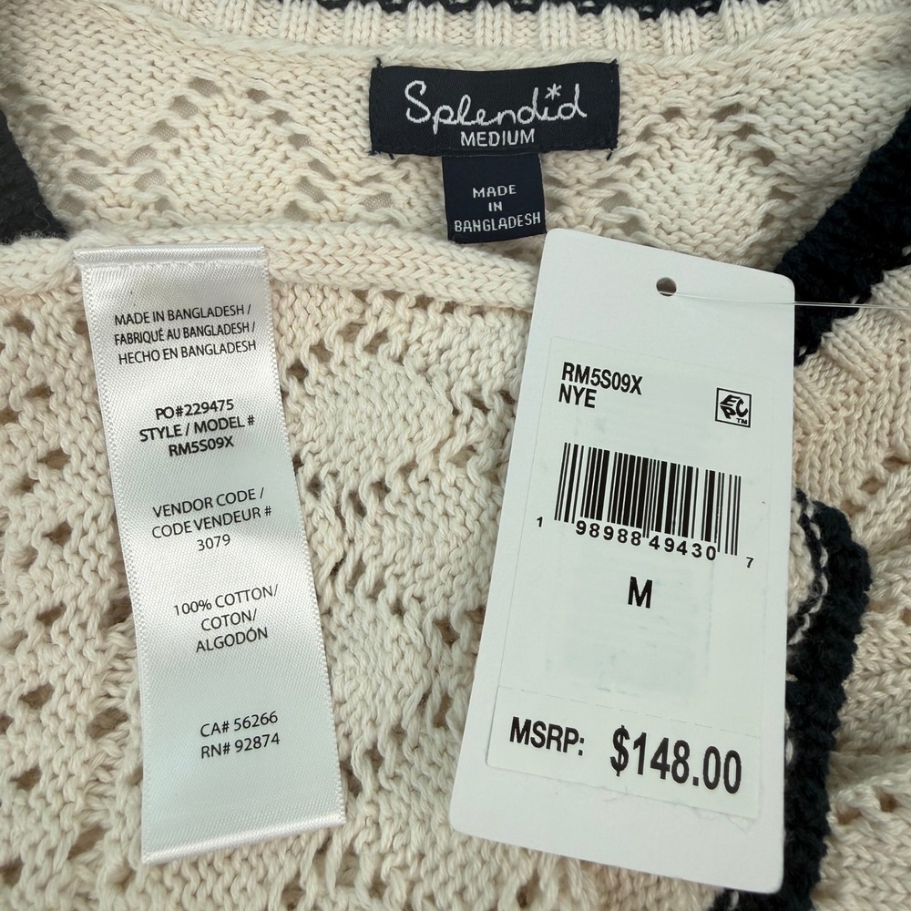 Splendid Honore Tipped Cotton Sweater Women M Cream Navy Pointelle Knit New - Picture 3 of 8